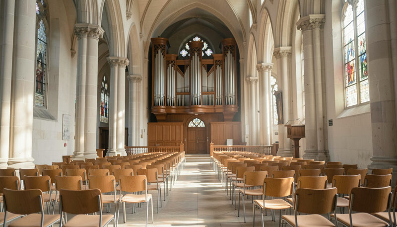 Kyrkorum med stor orgel, rader av tomma stolar och mjukt vinterljus genom målade fönster.