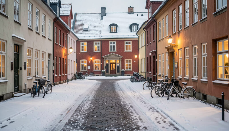 Gammal stadsgata i Lund på vintern med snö på taken, varma upplysta fönster och snötäckta cyklar.
