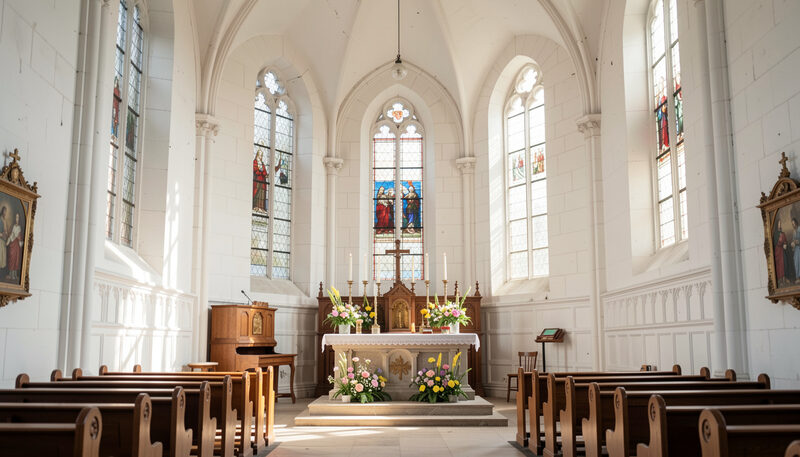 Vit stenkyrka i Lund med vårblommor på altaret och solljus genom höga fönster.