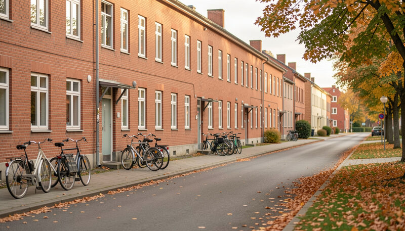 Lugn bostadsgata i Lund med studentbostäder i tegel, parkerade cyklar och höstlöv på marken.